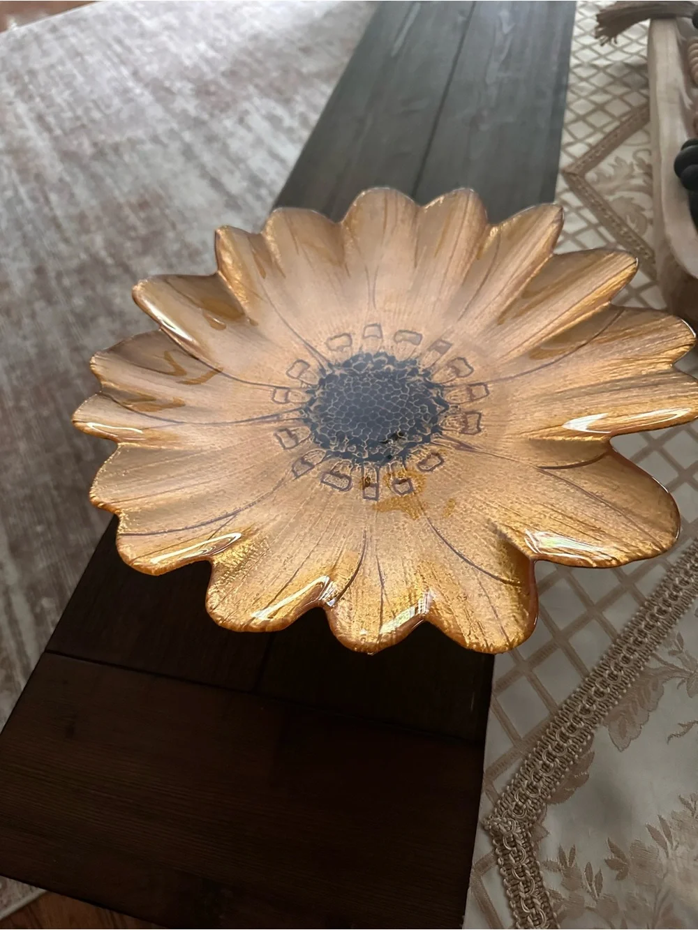 Gold sunflower glass decorative plate on a pedestal stand